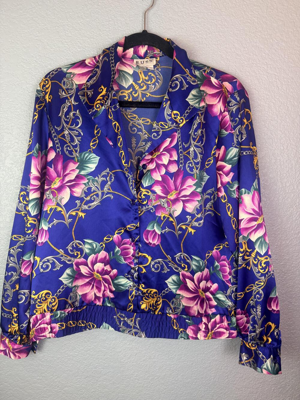 Russ Blouse Womens 10 Blue Floral Satin Collared Button Front Long Sleeve Top